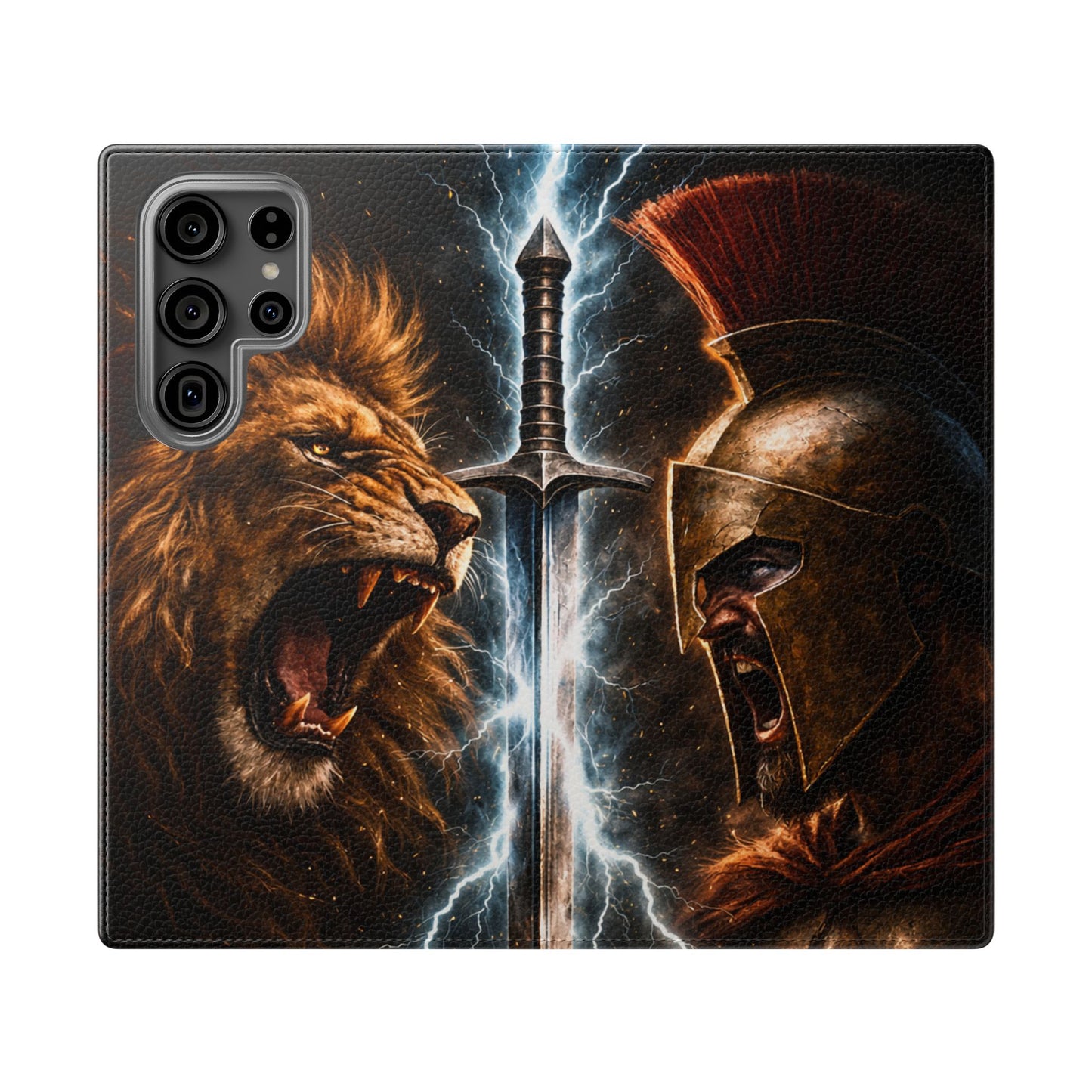 Warrior Lion & Spartan Helmet Flip Phone Case  Leather Folio Wallet Cover