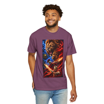 Lion Warrior Graphic T-Shirt — Roaring Lion, Spartan Hero Design