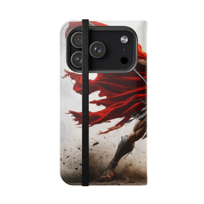 Spartan Warrior Flip Phone Case - Leather Wallet Folio with Red Cape Battle Design