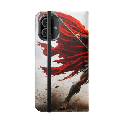 Spartan Warrior Flip Phone Case - Leather Wallet Folio with Red Cape Battle Design