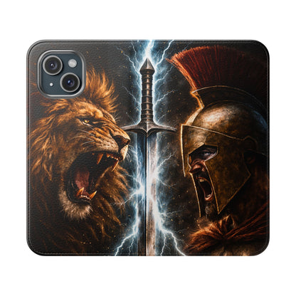Warrior Lion & Spartan Helmet Flip Phone Case  Leather Folio Wallet Cover