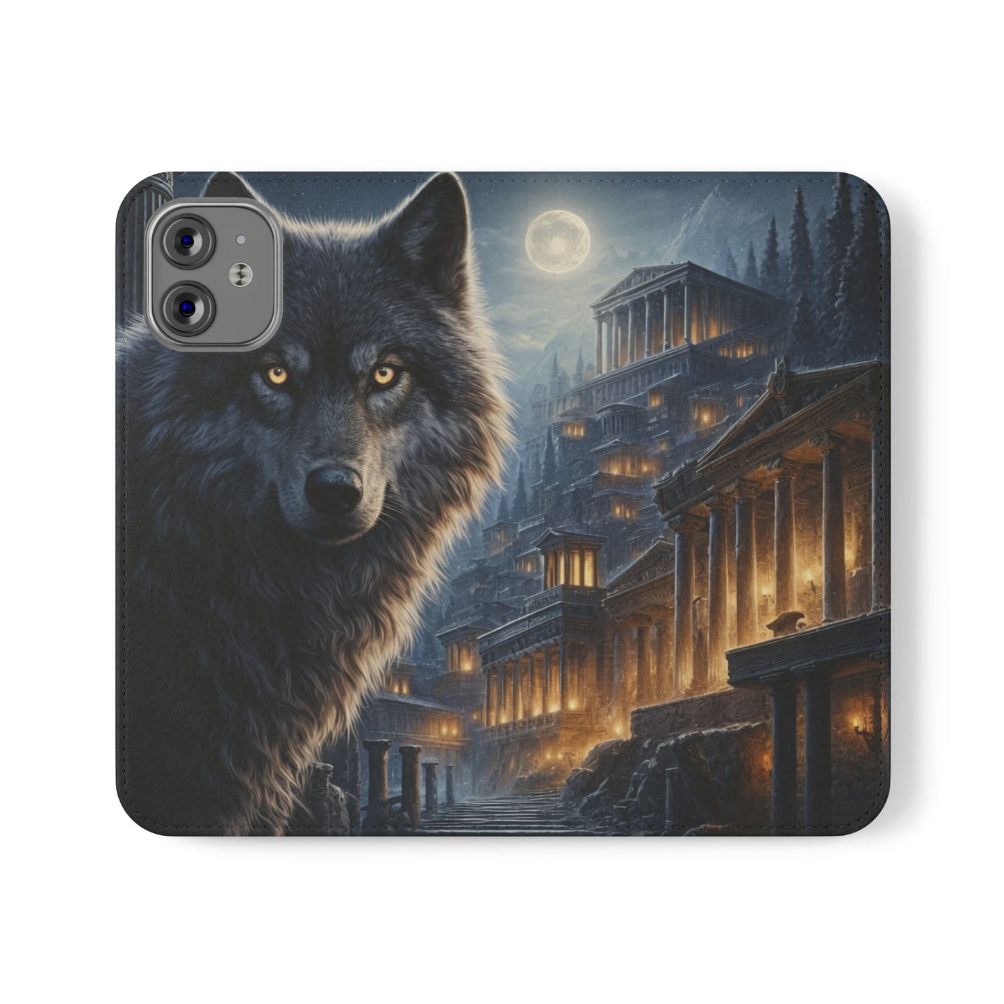 Wolf at Moonlit Ruins Flip Case — Mystical Nightscape Phone Wallet