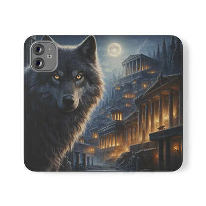 Wolf at Moonlit Ruins Flip Case — Mystical Nightscape Phone Wallet