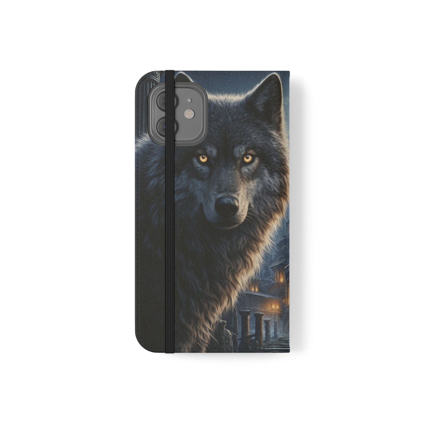 Wolf at Moonlit Ruins Flip Case — Mystical Nightscape Phone Wallet