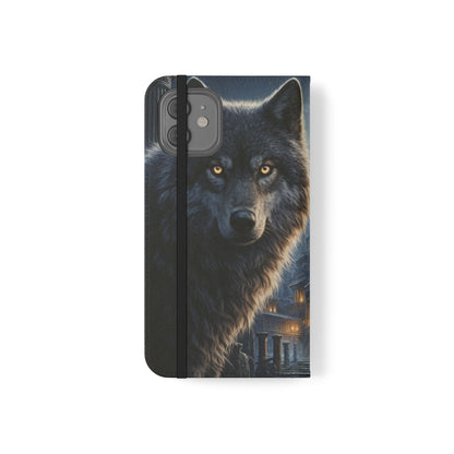 Wolf at Moonlit Ruins Flip Case — Mystical Nightscape Phone Wallet