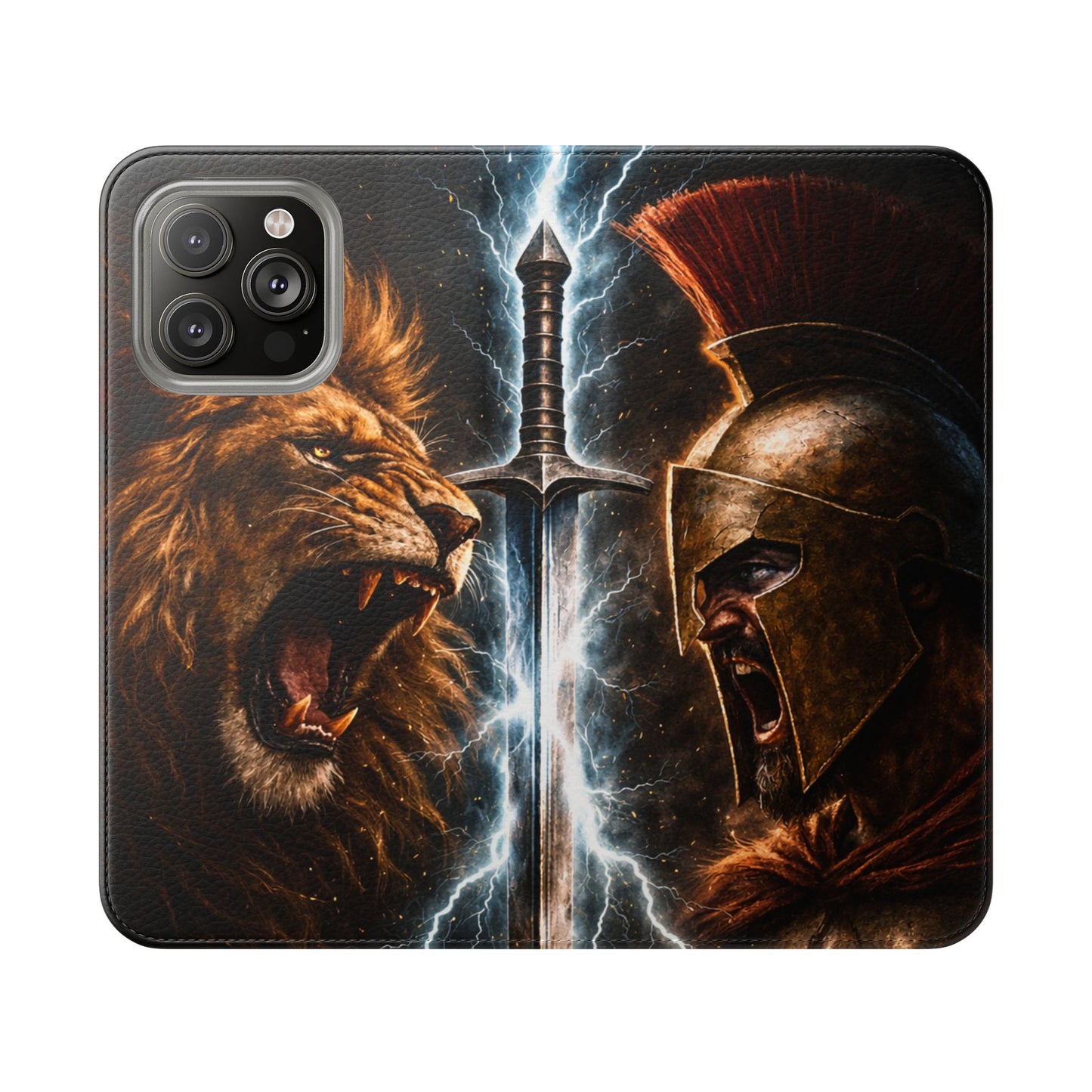Warrior Lion & Spartan Helmet Flip Phone Case  Leather Folio Wallet Cover