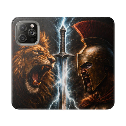Warrior Lion & Spartan Helmet Flip Phone Case  Leather Folio Wallet Cover