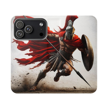Spartan Warrior Flip Phone Case - Leather Wallet Folio with Red Cape Battle Design