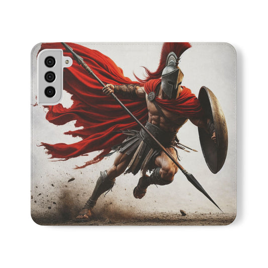 Spartan Warrior Flip Phone Case - Leather Wallet Folio with Red Cape Battle Design