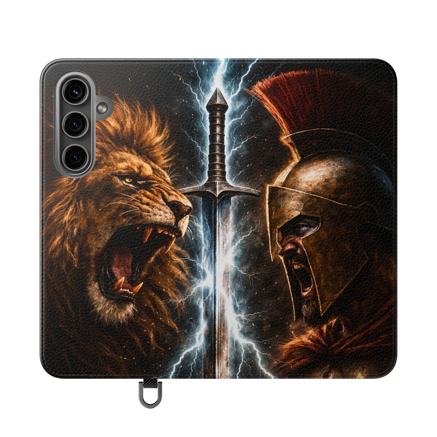 Warrior Lion & Spartan Helmet Flip Phone Case  Leather Folio Wallet Cover