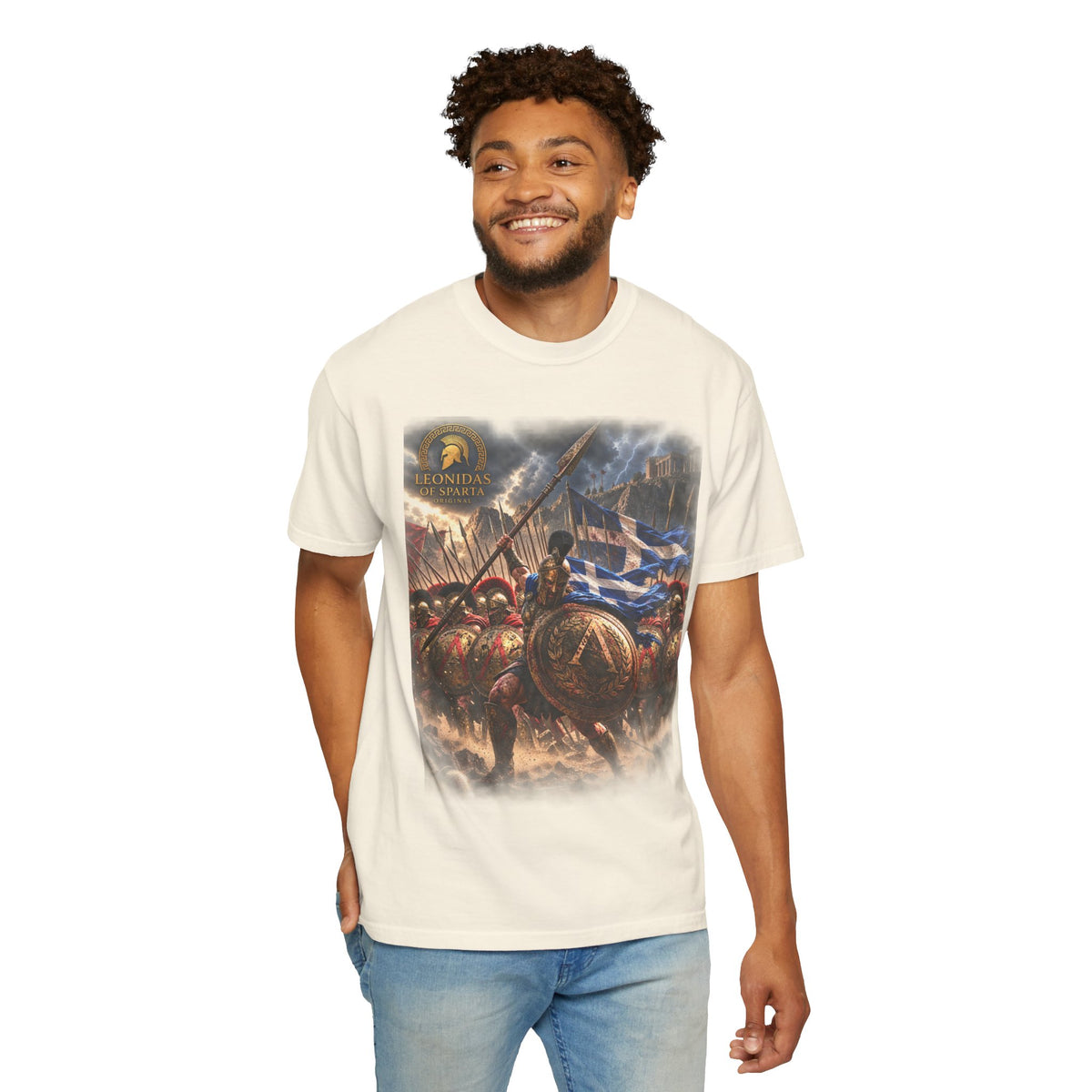 Spartan Warrior Battle T-Shirt — Ancient Greek Shield & Flag Graphic