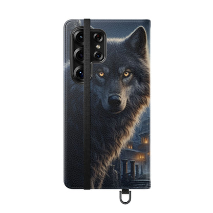 Wolf at Moonlit Ruins Flip Case — Mystical Nightscape Phone Wallet