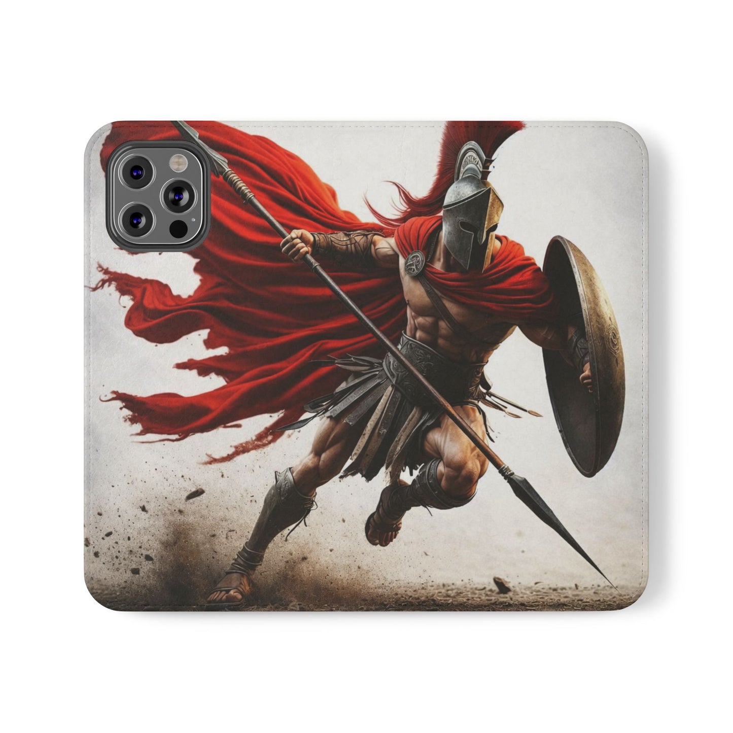 Spartan Warrior Flip Phone Case - Leather Wallet Folio with Red Cape Battle Design