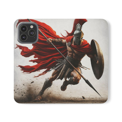 Spartan Warrior Flip Phone Case - Leather Wallet Folio with Red Cape Battle Design