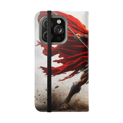 Spartan Warrior Flip Phone Case - Leather Wallet Folio with Red Cape Battle Design