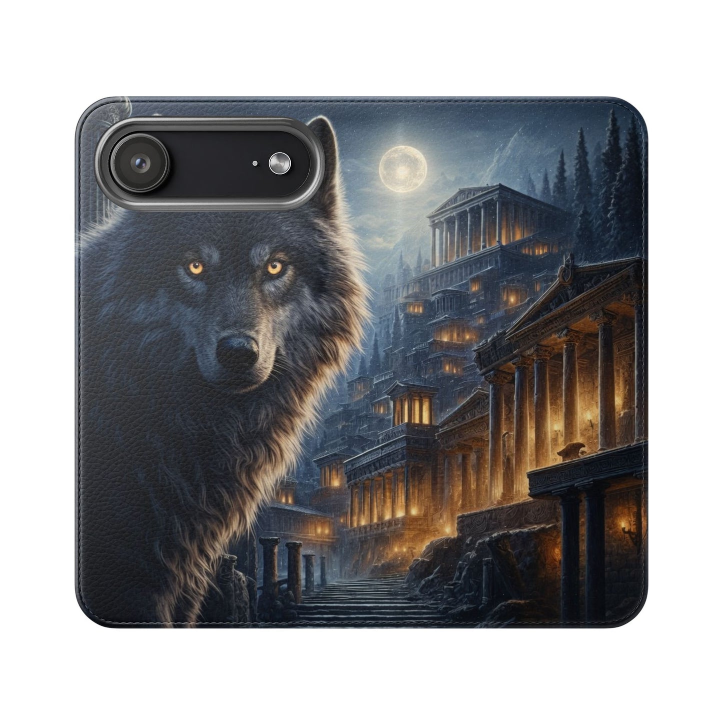 Wolf at Moonlit Ruins Flip Case — Mystical Nightscape Phone Wallet