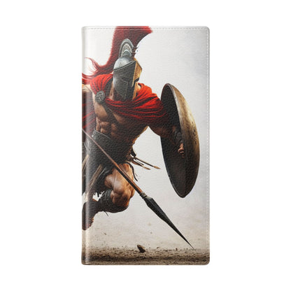 Spartan Warrior Flip Phone Case - Leather Wallet Folio with Red Cape Battle Design
