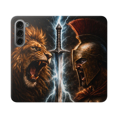 Warrior Lion & Spartan Helmet Flip Phone Case  Leather Folio Wallet Cover