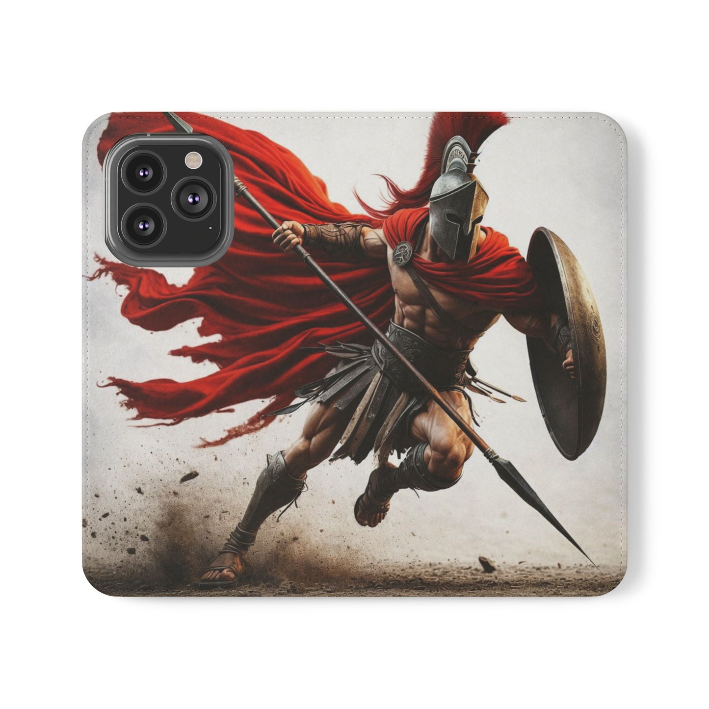 Spartan Warrior Flip Phone Case - Leather Wallet Folio with Red Cape Battle Design