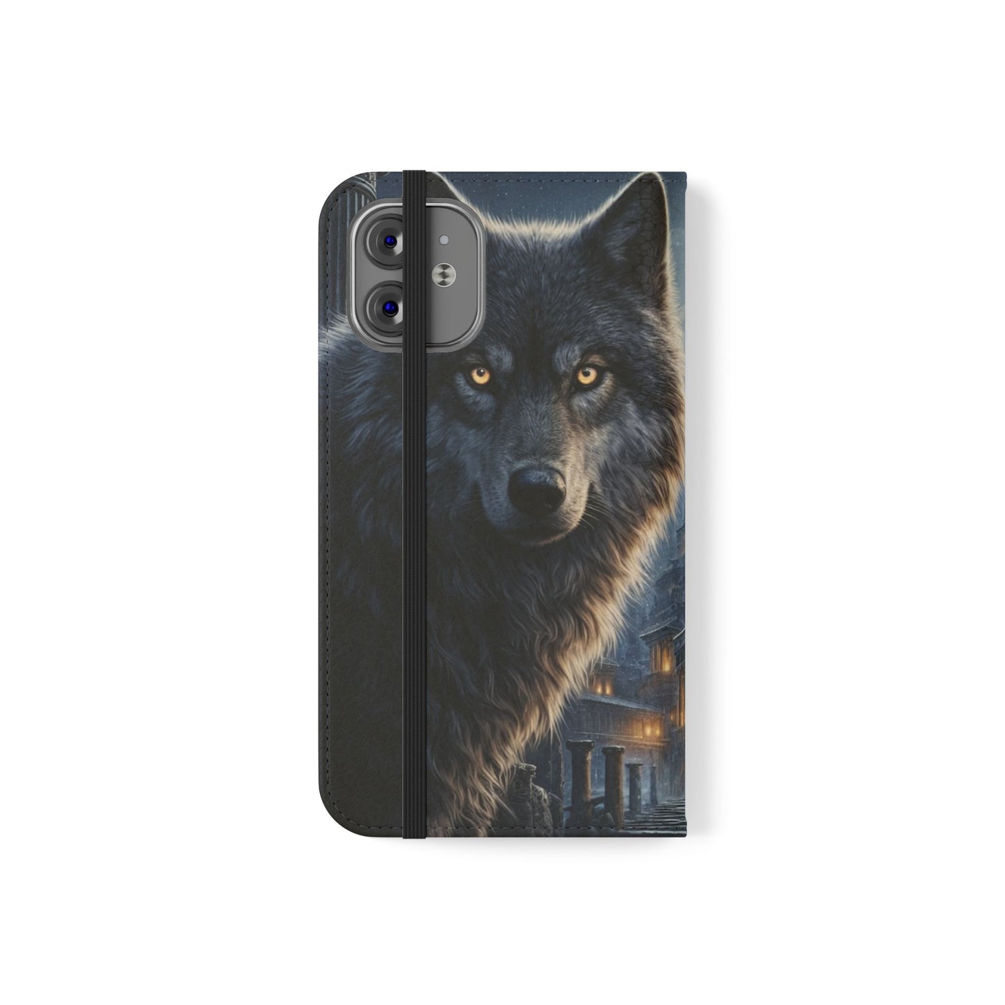 Wolf at Moonlit Ruins Flip Case — Mystical Nightscape Phone Wallet
