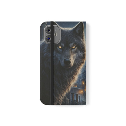 Wolf at Moonlit Ruins Flip Case — Mystical Nightscape Phone Wallet
