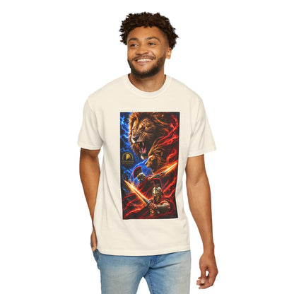 Lion Warrior Graphic T-Shirt — Roaring Lion, Spartan Hero Design