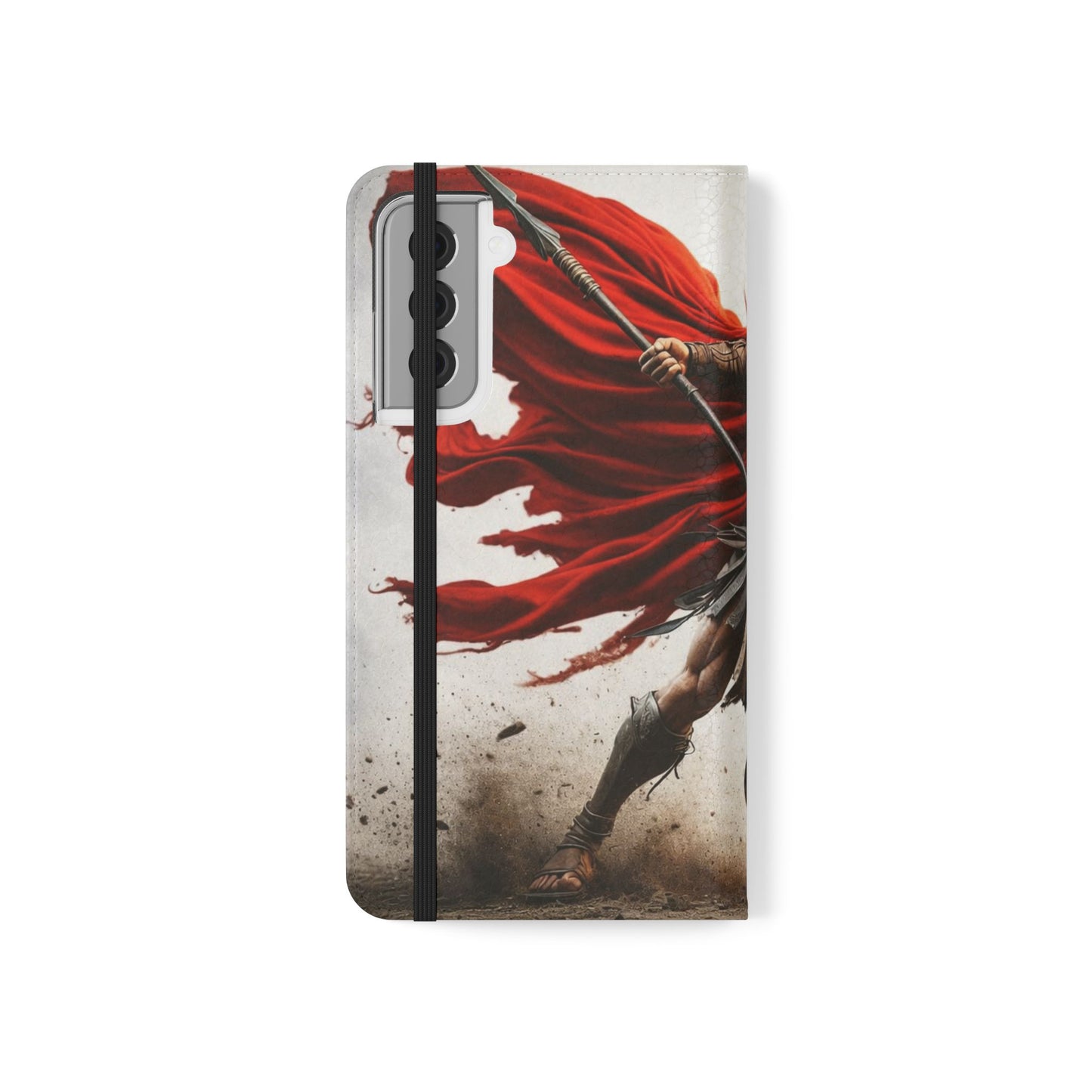 Spartan Warrior Flip Phone Case - Leather Wallet Folio with Red Cape Battle Design