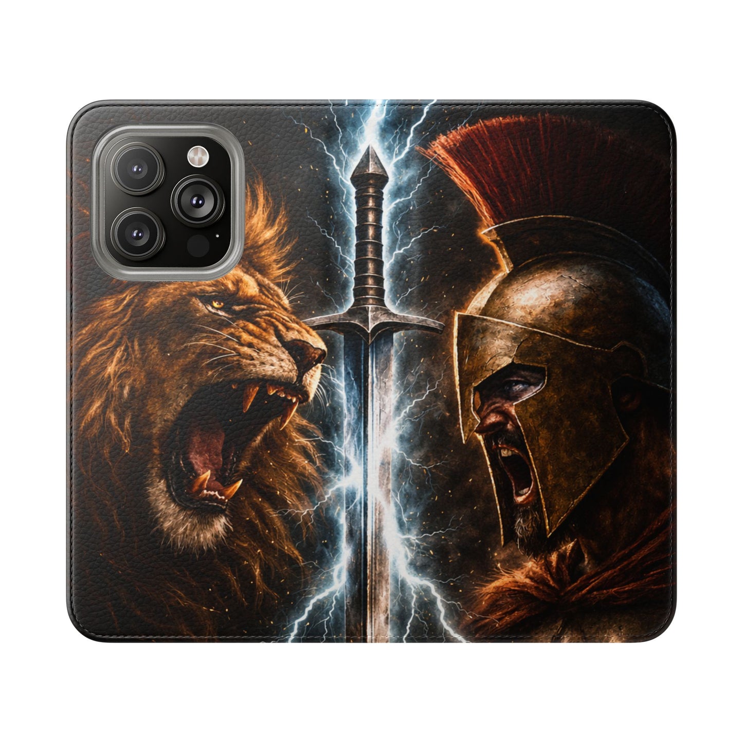 Warrior Lion & Spartan Helmet Flip Phone Case  Leather Folio Wallet Cover