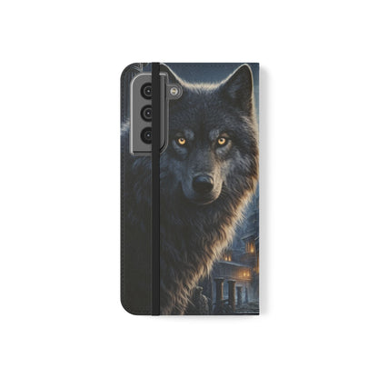Wolf at Moonlit Ruins Flip Case — Mystical Nightscape Phone Wallet