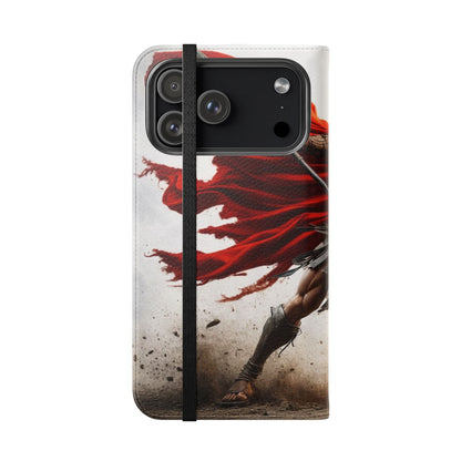 Spartan Warrior Flip Phone Case - Leather Wallet Folio with Red Cape Battle Design