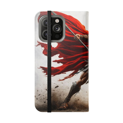 Spartan Warrior Flip Phone Case - Leather Wallet Folio with Red Cape Battle Design