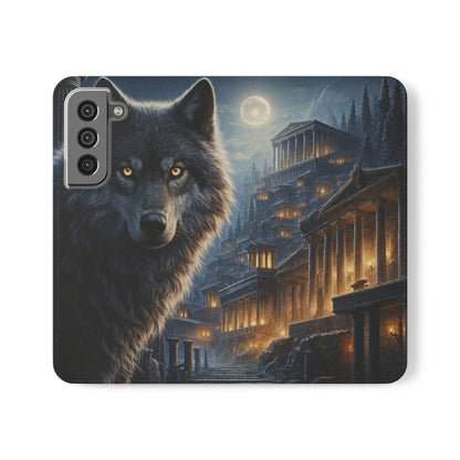 Wolf at Moonlit Ruins Flip Case — Mystical Nightscape Phone Wallet