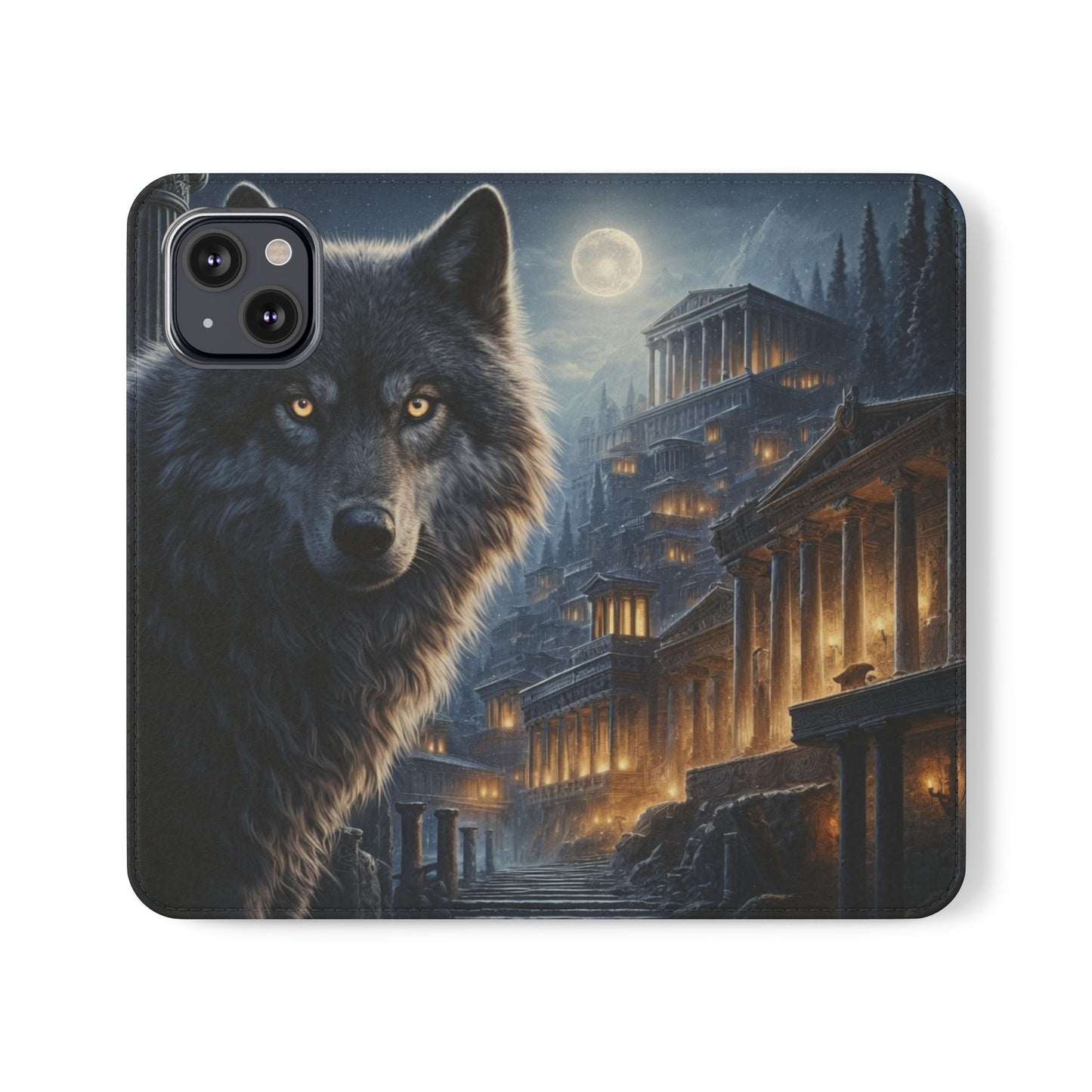 Wolf at Moonlit Ruins Flip Case — Mystical Nightscape Phone Wallet