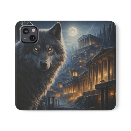 Wolf at Moonlit Ruins Flip Case — Mystical Nightscape Phone Wallet