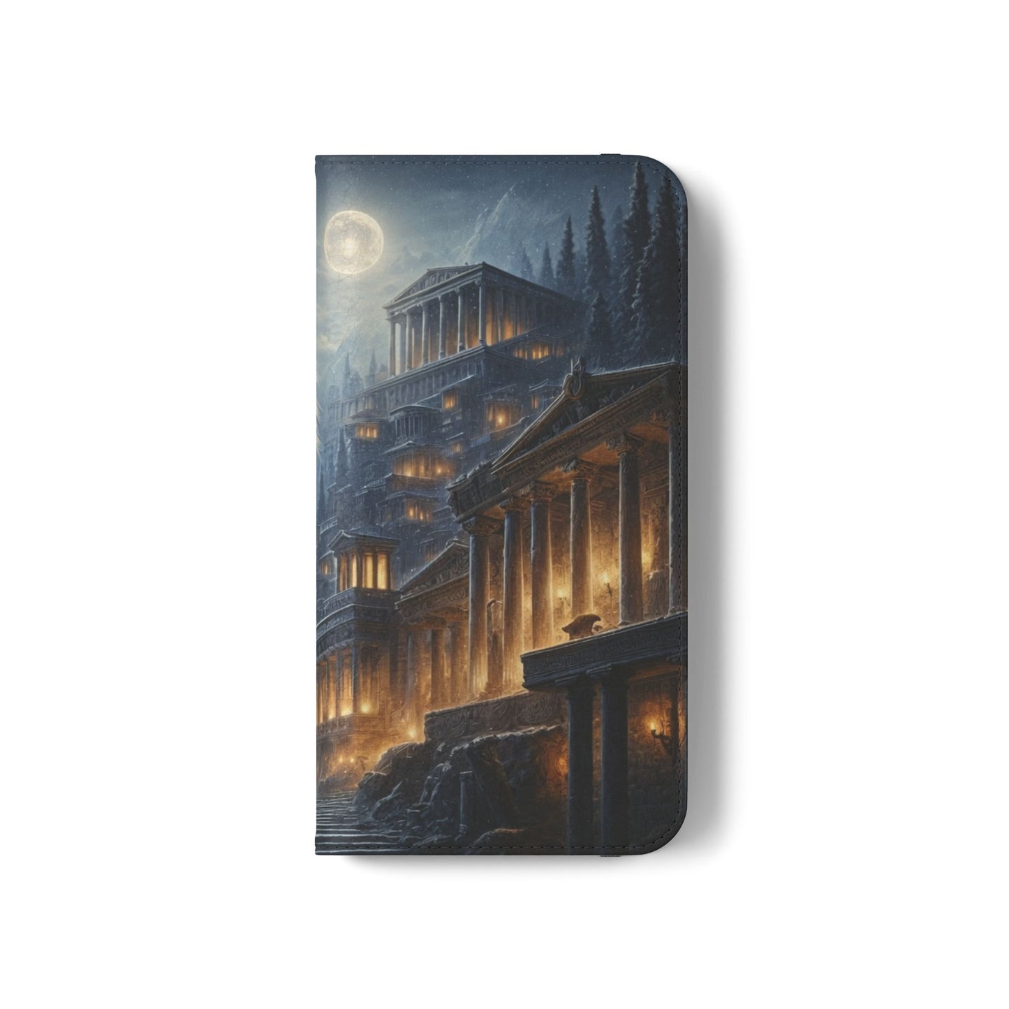Wolf at Moonlit Ruins Flip Case — Mystical Nightscape Phone Wallet