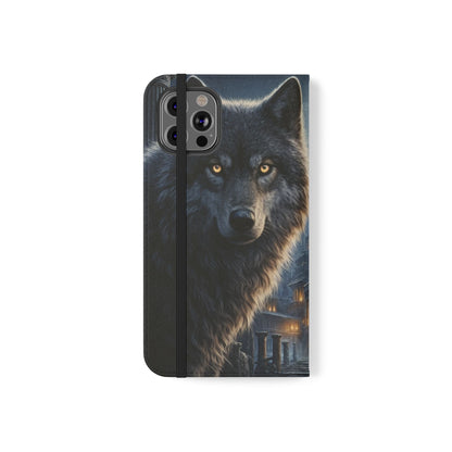 Wolf at Moonlit Ruins Flip Case — Mystical Nightscape Phone Wallet