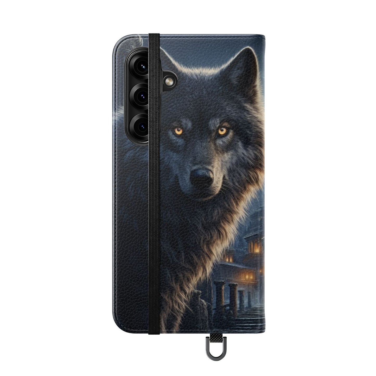 Wolf at Moonlit Ruins Flip Case — Mystical Nightscape Phone Wallet