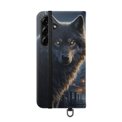Wolf at Moonlit Ruins Flip Case — Mystical Nightscape Phone Wallet