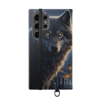 Wolf at Moonlit Ruins Flip Case — Mystical Nightscape Phone Wallet