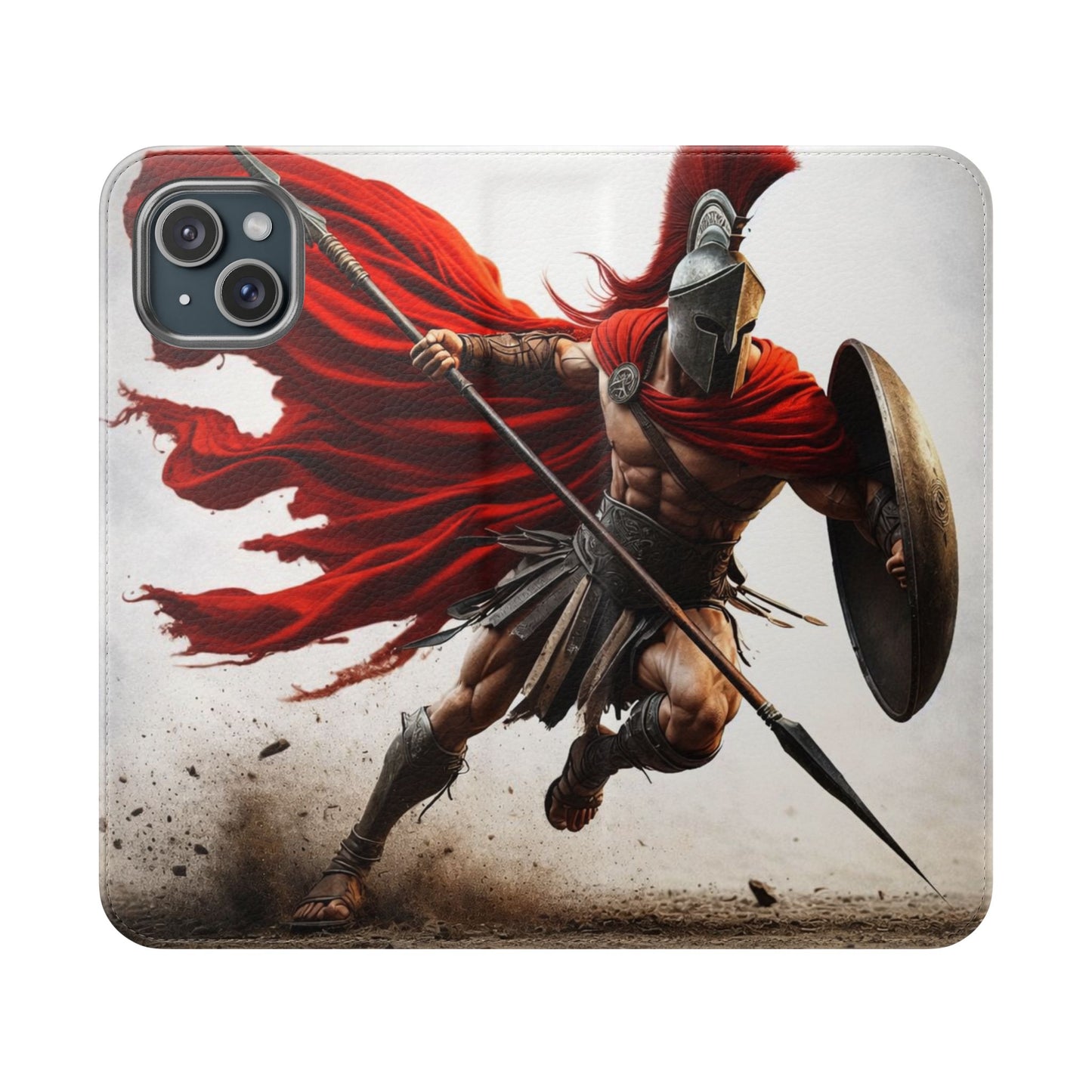 Spartan Warrior Flip Phone Case - Leather Wallet Folio with Red Cape Battle Design