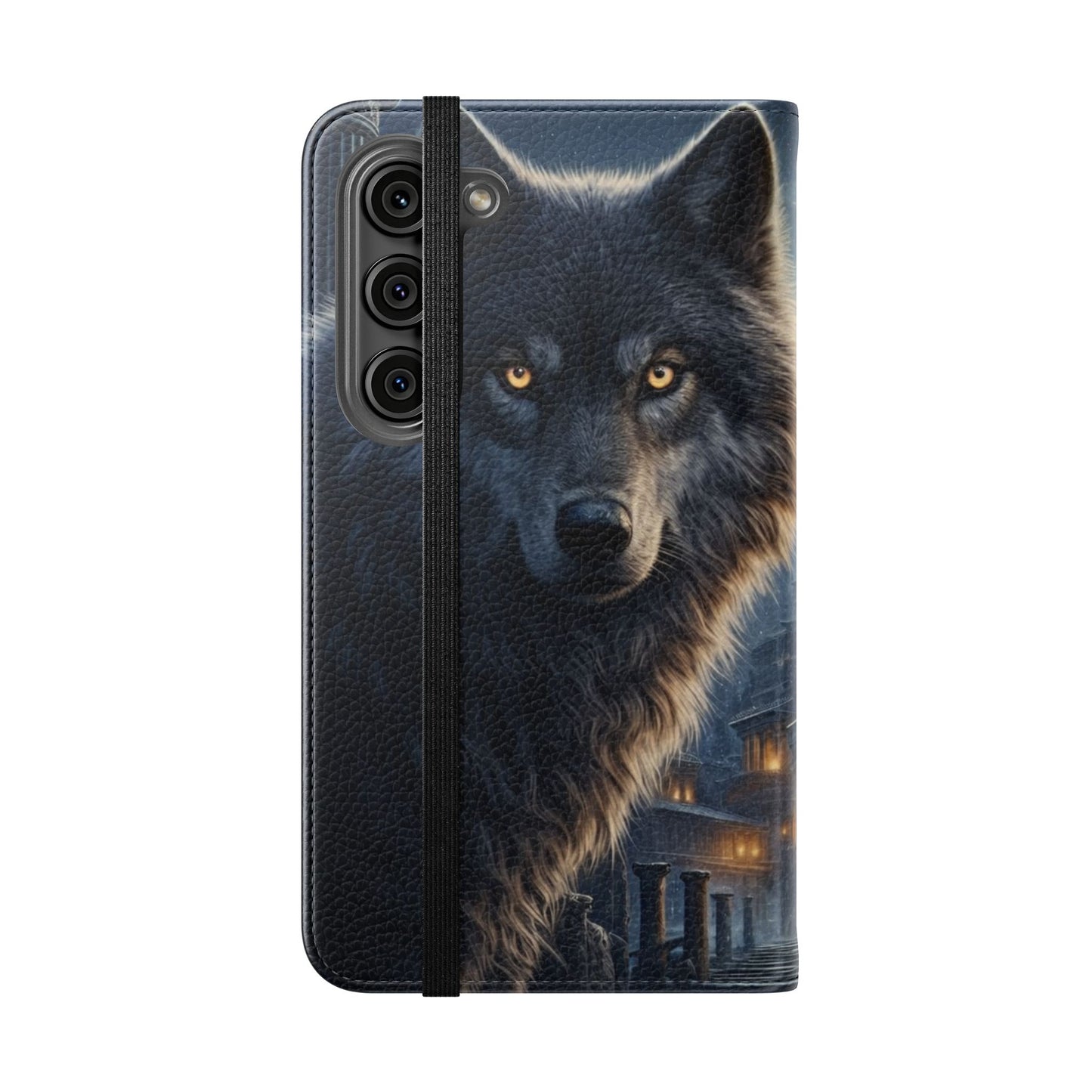 Wolf at Moonlit Ruins Flip Case — Mystical Nightscape Phone Wallet