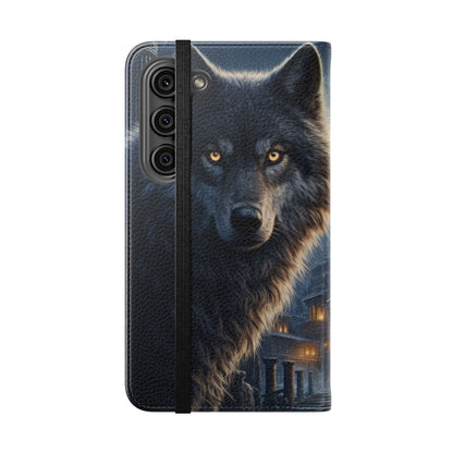 Wolf at Moonlit Ruins Flip Case — Mystical Nightscape Phone Wallet