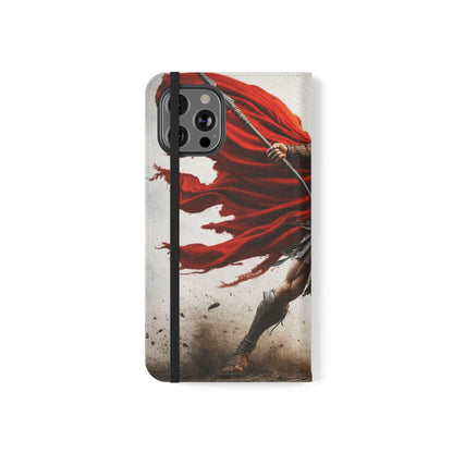 Spartan Warrior Flip Phone Case - Leather Wallet Folio with Red Cape Battle Design