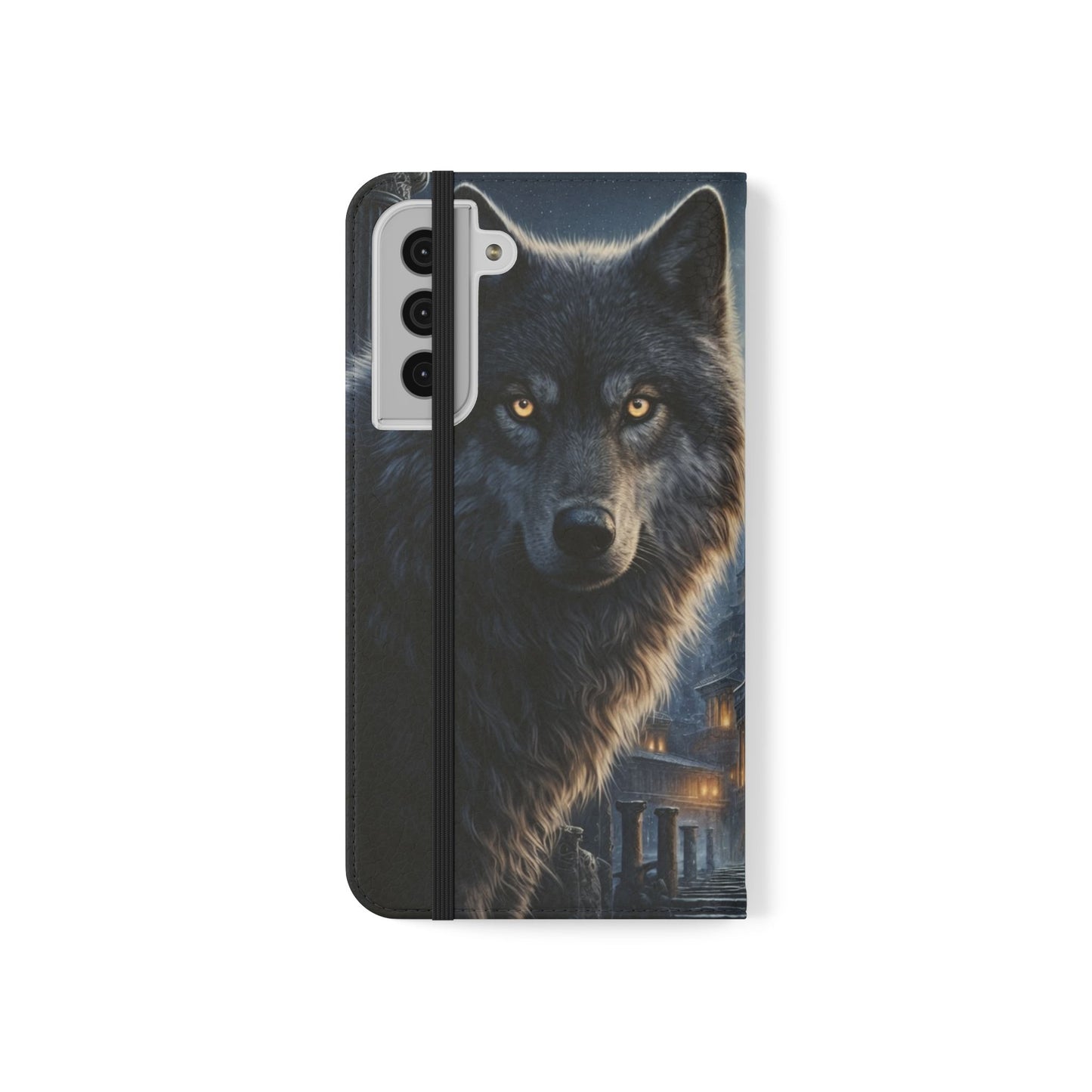 Wolf at Moonlit Ruins Flip Case — Mystical Nightscape Phone Wallet