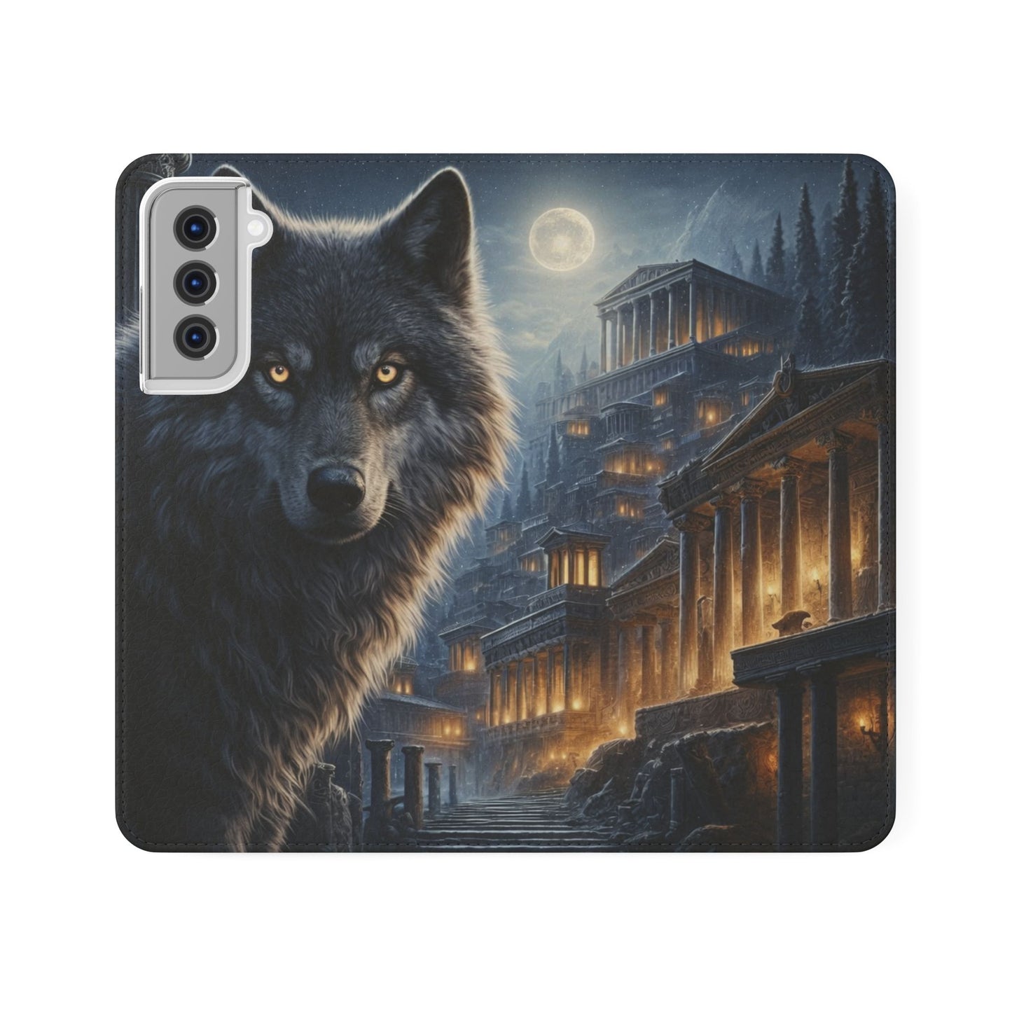 Wolf at Moonlit Ruins Flip Case — Mystical Nightscape Phone Wallet
