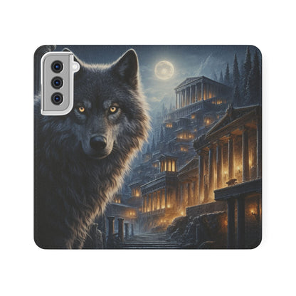 Wolf at Moonlit Ruins Flip Case — Mystical Nightscape Phone Wallet