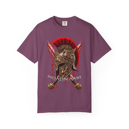 Spartan Helmet & Swords T-Shirt — 'Molon Labe' Blood-Drip Warrior Tee