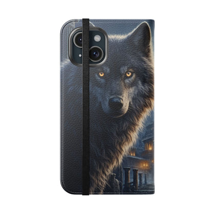 Wolf at Moonlit Ruins Flip Case — Mystical Nightscape Phone Wallet