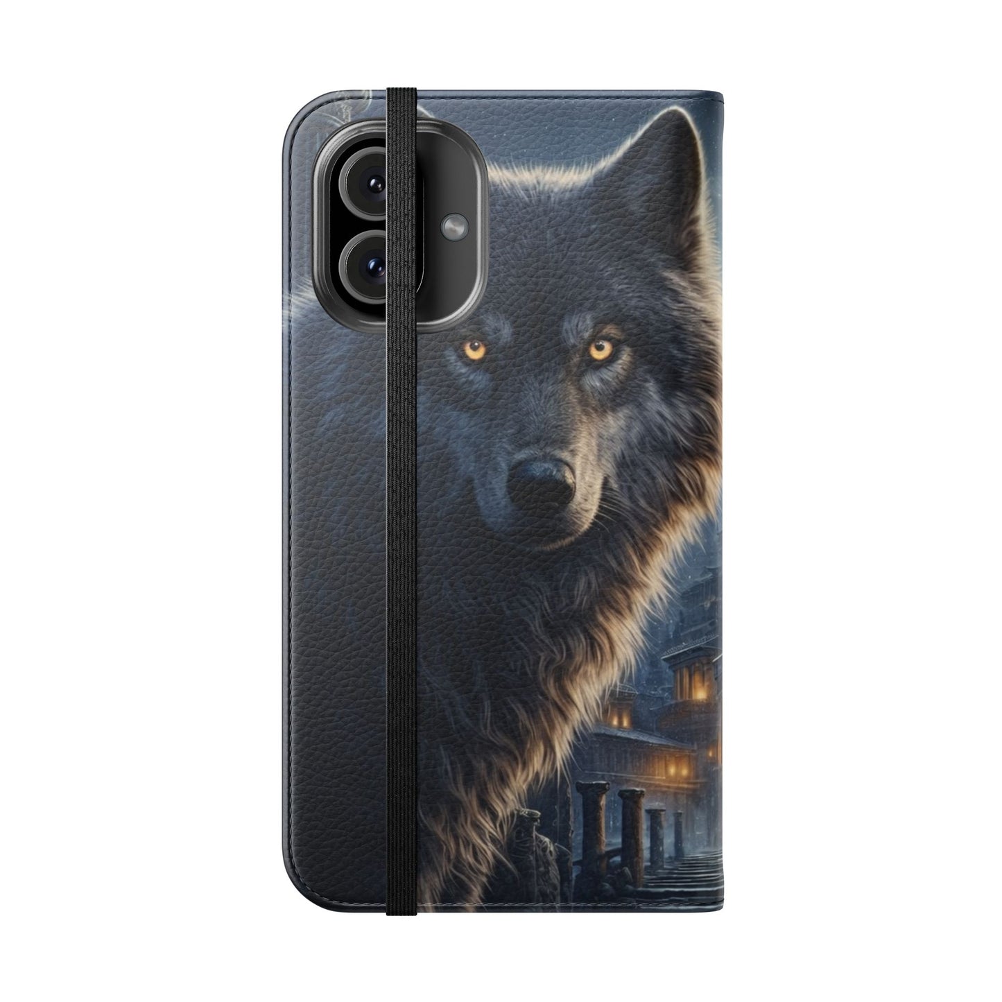 Wolf at Moonlit Ruins Flip Case — Mystical Nightscape Phone Wallet