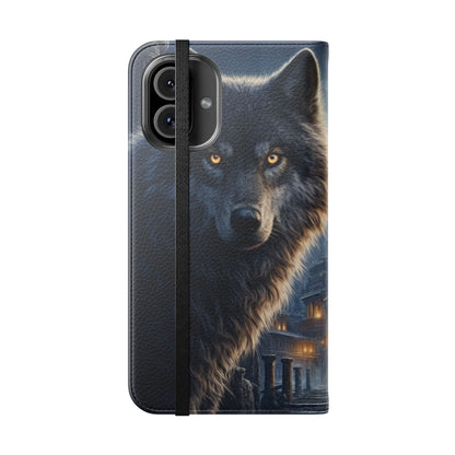 Wolf at Moonlit Ruins Flip Case — Mystical Nightscape Phone Wallet